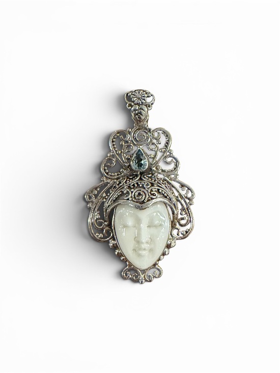 925 Sterling Silver Jewelry - Blue Topaz sterling Balinese goddess or moon face design pendant 925 stamped